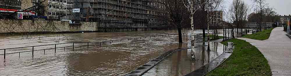 The flooded meeting place by the River Avon, Bath.